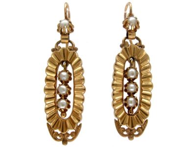 French 18ct Gold & Natural Pearl Drop Earrings