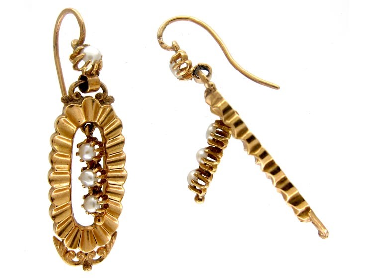French 18ct Gold & Natural Pearl Drop Earrings