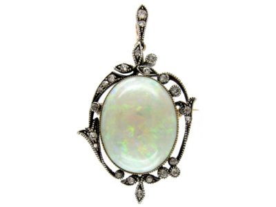 Edwardian Silver & 15ct Gold, Opal & Diamond Pendant Brooch