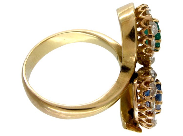 Russian Emerald, Sapphire & Rose Diamond Double Cluster Ring