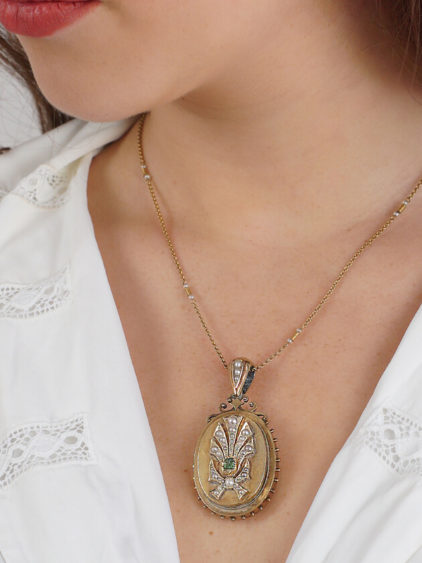 Victorian Emerald & Pearl Gold Locket Pendant