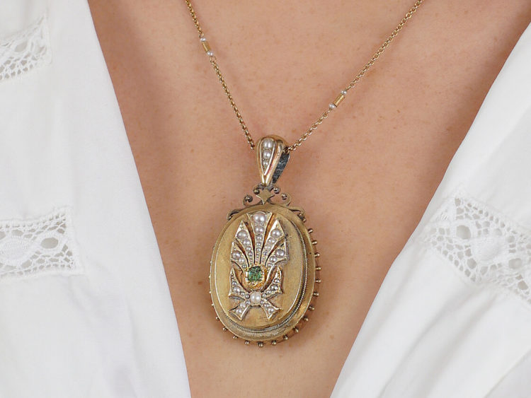Victorian Emerald & Pearl Gold Locket Pendant