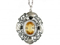 Art Nouveau Silver & Citrine Pendant on Silver Chain by Theodor Fahrner