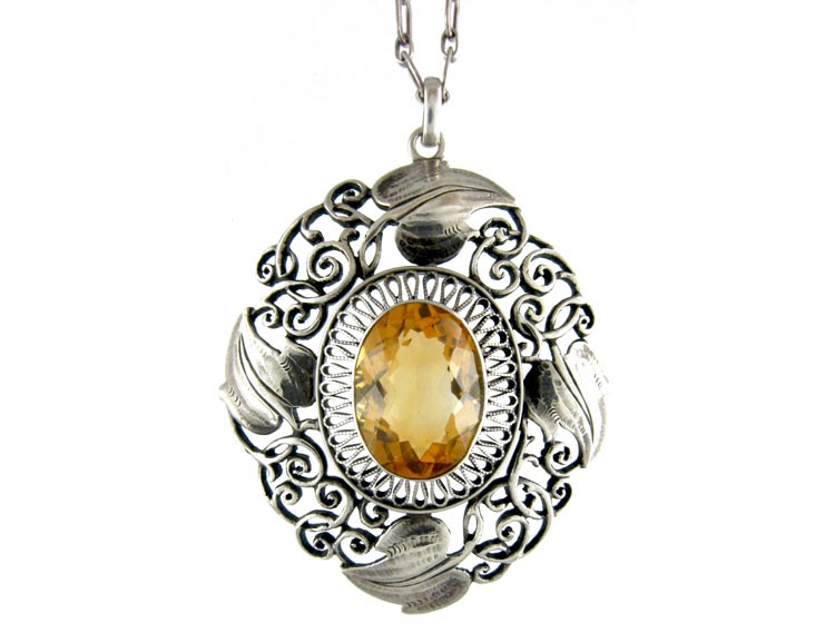 Art Nouveau Silver & Citrine Pendant on Silver Chain by Theodor Fahrner