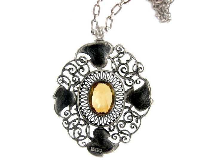 Art Nouveau Silver & Citrine Pendant on Silver Chain by Theodor Fahrner