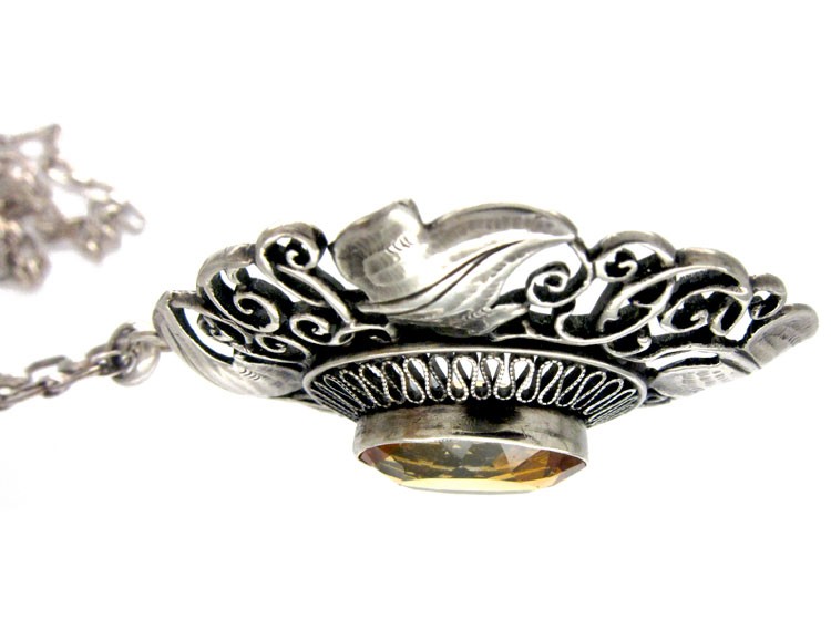 Art Nouveau Silver & Citrine Pendant on Silver Chain by Theodor Fahrner