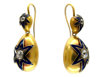 Victorian Diamond & Blue Enamel Earrings