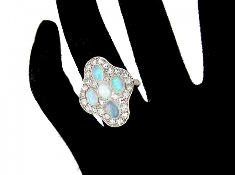 Opal & Diamond Large Cluster Art Deco Ring