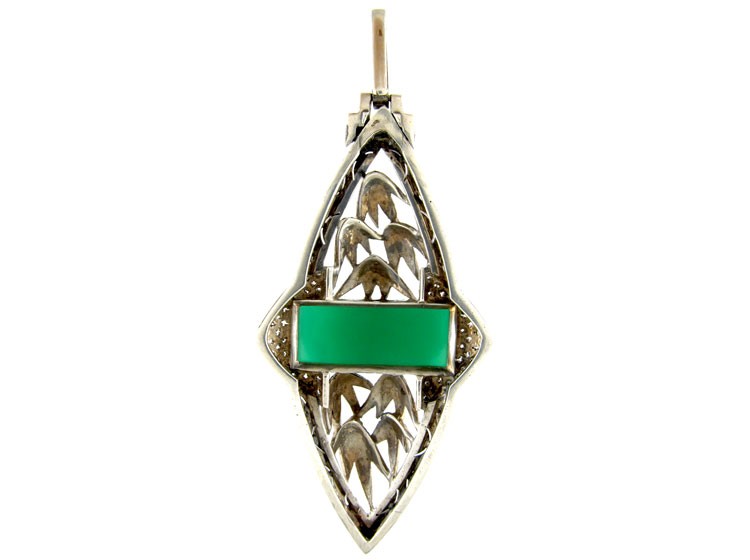 Green Chalcedony & Marcasite Art Deco Silver Pendant