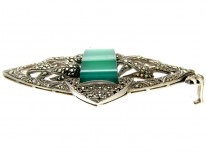 Green Chalcedony & Marcasite Art Deco Silver Pendant