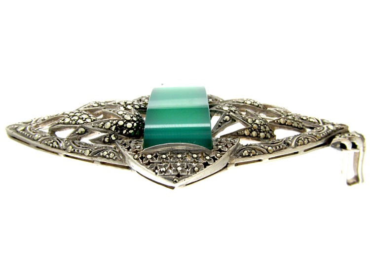 Green Chalcedony & Marcasite Art Deco Silver Pendant