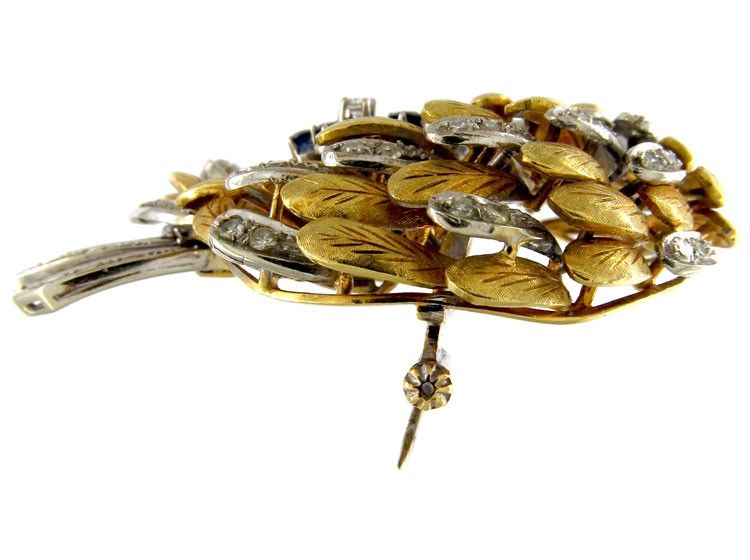 Swirly 1950s Sapphire & Diamond 18ct Gold Brooch