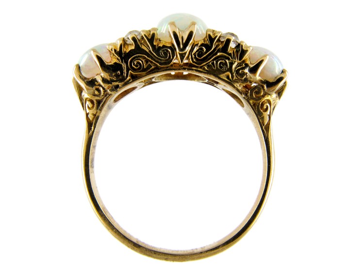 Three Stone Opal & Diamond Victorian Ring
