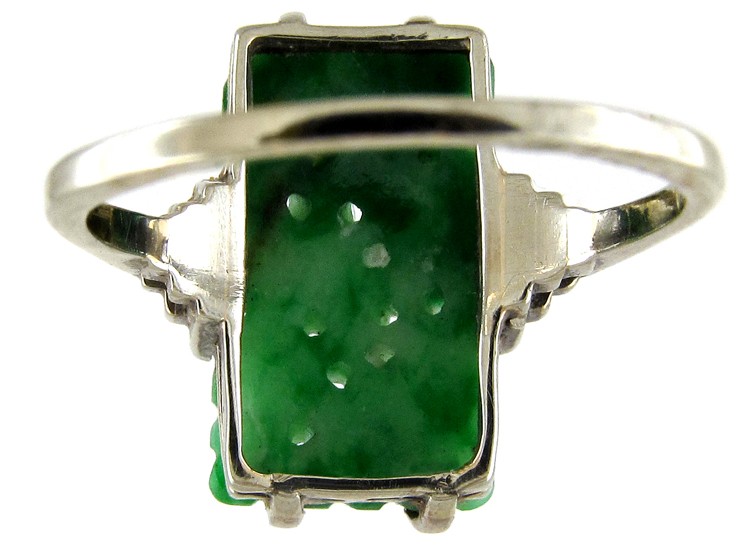 Carved Jade White Gold Art Deco Ring