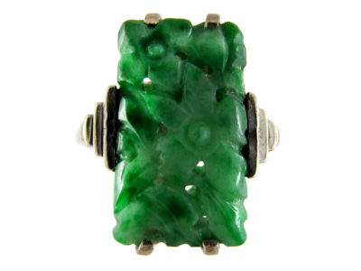Carved Jade White Gold Art Deco Ring