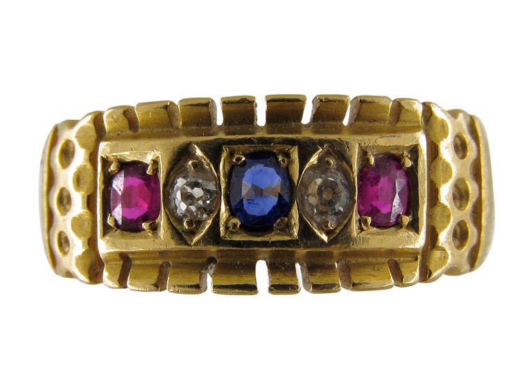 Edwardian Ruby, Diamond & Sapphire Set in Gold Band