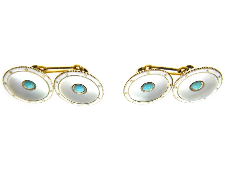 15ct Gold & Mother of Pearl & Turquoise Cufflinks