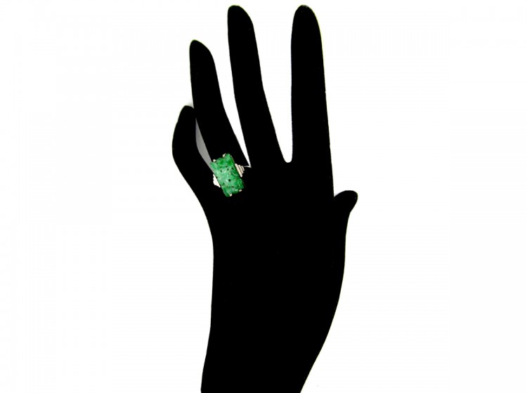 Carved Jade White Gold Art Deco Ring