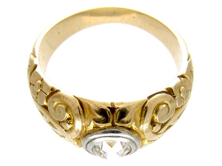Single Stone Diamond Engraved Gold Victorian Ring