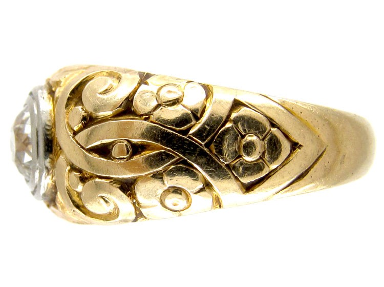 Single Stone Diamond Engraved Gold Victorian Ring