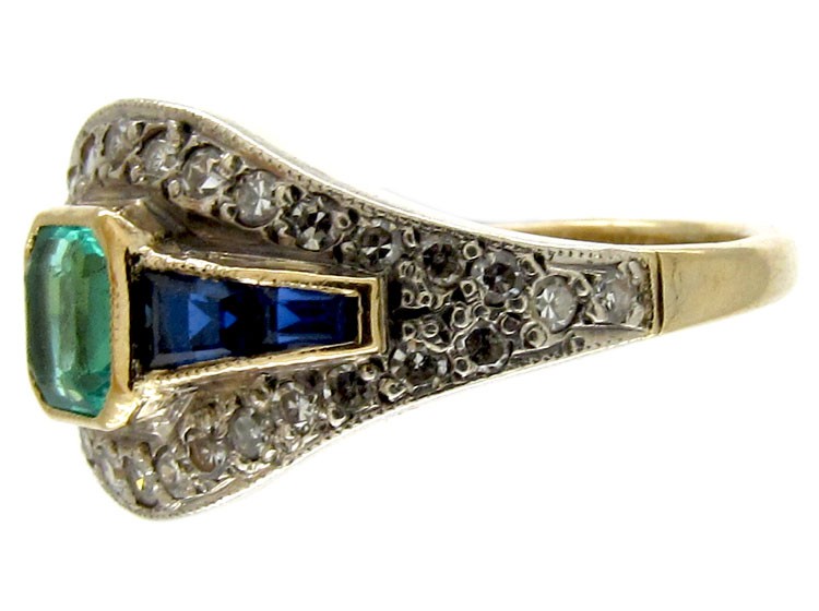 Art Deco Emerald, Sapphire & Diamond Ring