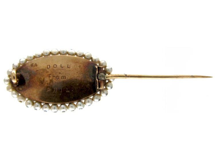 Edwardian 15ct Gold, Royal Blue Enamel, Rose Diamond & Natural Pearls Double Heart Brooch