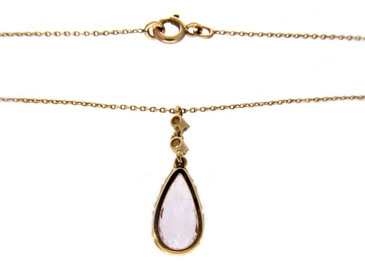 Morganite Diamond 14ct Gold Pendant on Russian Chain