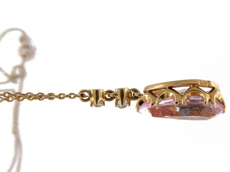 Morganite Diamond 14ct Gold Pendant on Russian Chain