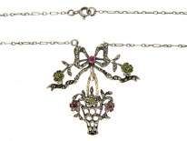 French Belle Epoque Paste & Marcasite Silver Basket & Bow Pendant on Silver Chain