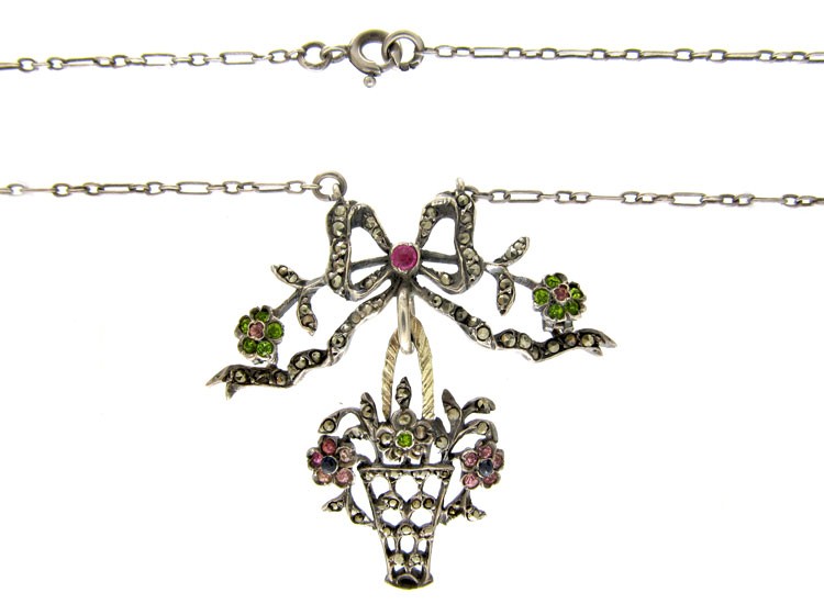 French Belle Epoque Paste & Marcasite Silver Basket & Bow Pendant on Silver Chain