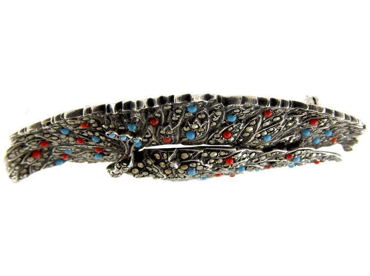 Large Marcasite & Paste Peacock Brooch