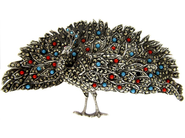 Large Marcasite & Paste Peacock Brooch