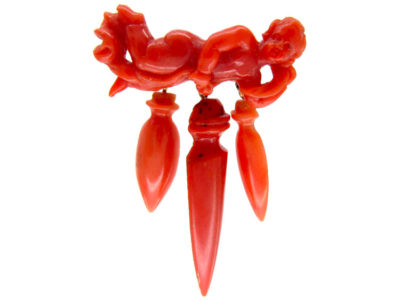 Carved Coral Cherub Brooch with Three Drops