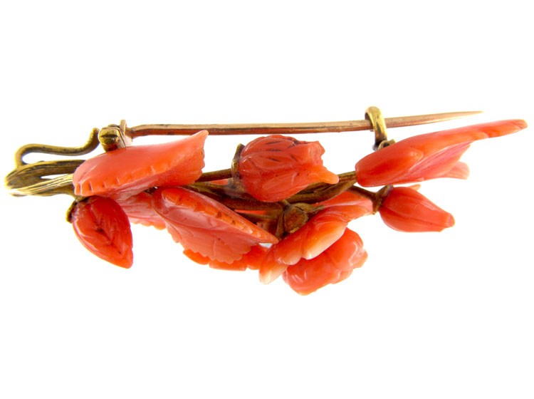 Carved Coral Flower Brooch