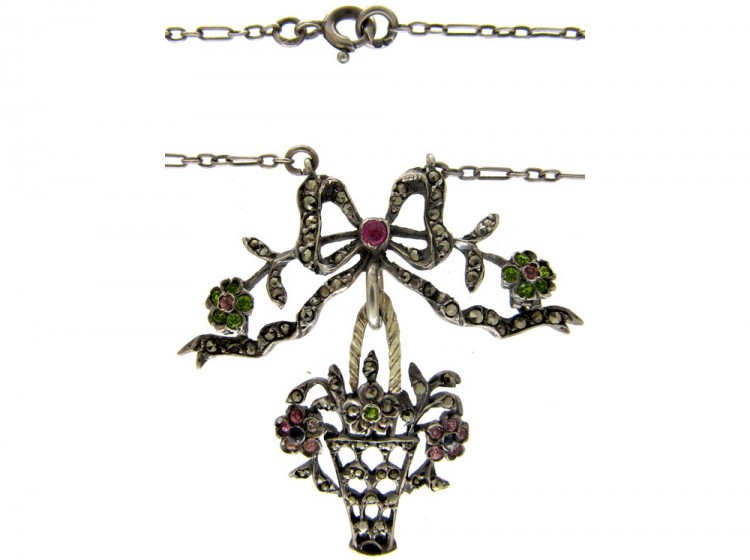 French Belle Epoque Paste & Marcasite Silver Basket & Bow Pendant on Silver Chain