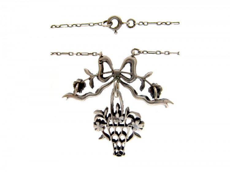 French Belle Epoque Paste & Marcasite Silver Basket & Bow Pendant on Silver Chain