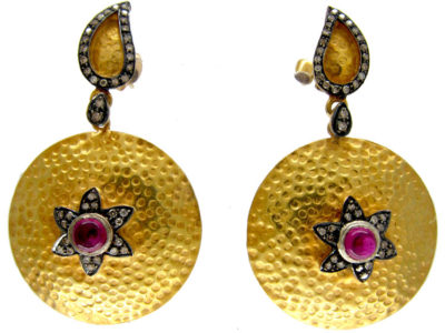 Cabochon Ruby & Diamond Drop Gold Earrings
