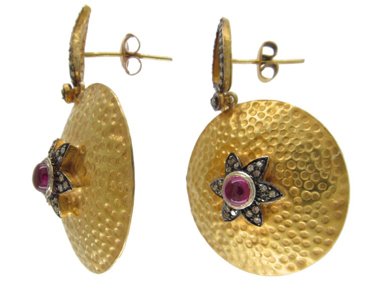 Cabochon Ruby & Diamond Drop Gold Earrings