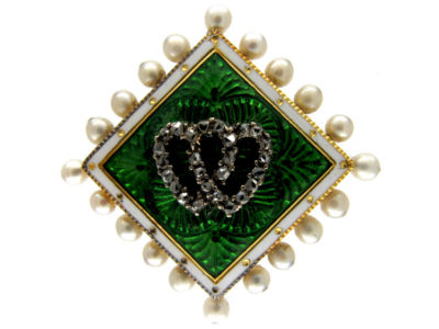 Edwardian 15ct Gold, Natural Pearl Green & White Enamel Brooch with Double Heart Motif set with Rose Diamonds