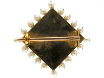 Edwardian 15ct Gold, Natural Pearl Green & White Enamel Brooch with Double Heart Motif set with Rose Diamonds