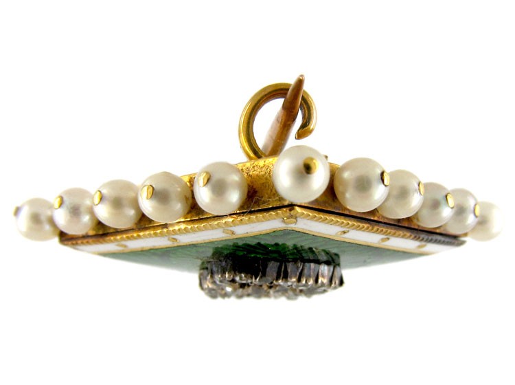Edwardian 15ct Gold, Natural Pearl Green & White Enamel Brooch with Double Heart Motif set with Rose Diamonds
