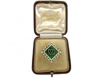 Edwardian 15ct Gold, Natural Pearl Green & White Enamel Brooch with Double Heart Motif set with Rose Diamonds