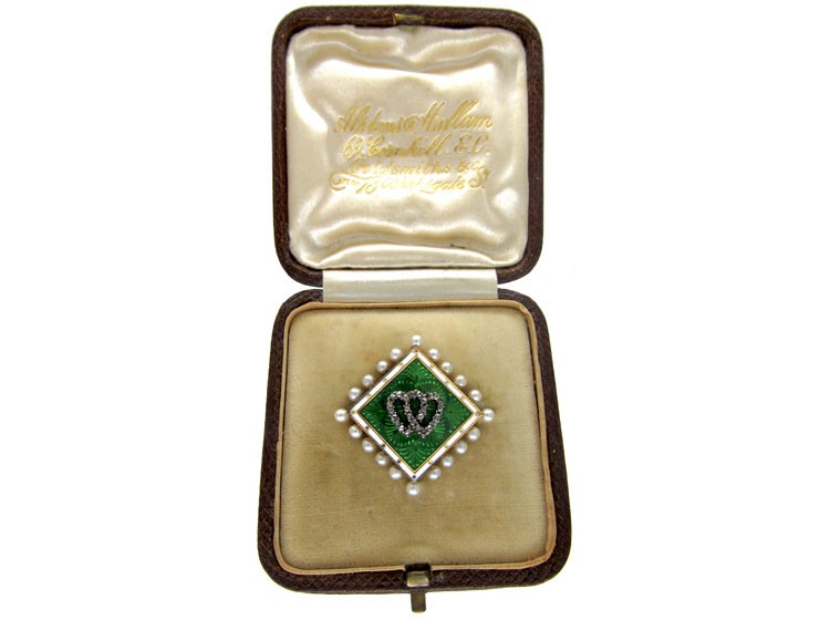 Edwardian 15ct Gold, Natural Pearl Green & White Enamel Brooch with Double Heart Motif set with Rose Diamonds