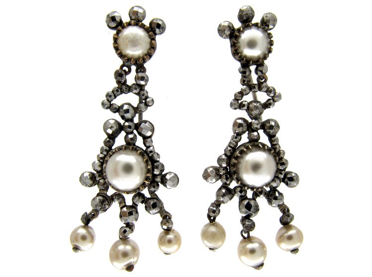 Cut Steel & Faux Pearl Drop Earrings