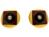 Carnelian Gold & Onyx Earrings with Pearl Centre