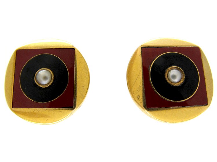 Carnelian Gold & Onyx Earrings with Pearl Centre