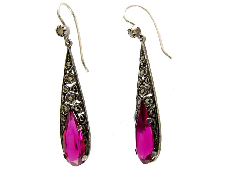 Pink Paste & Marcasite Silver Earrings