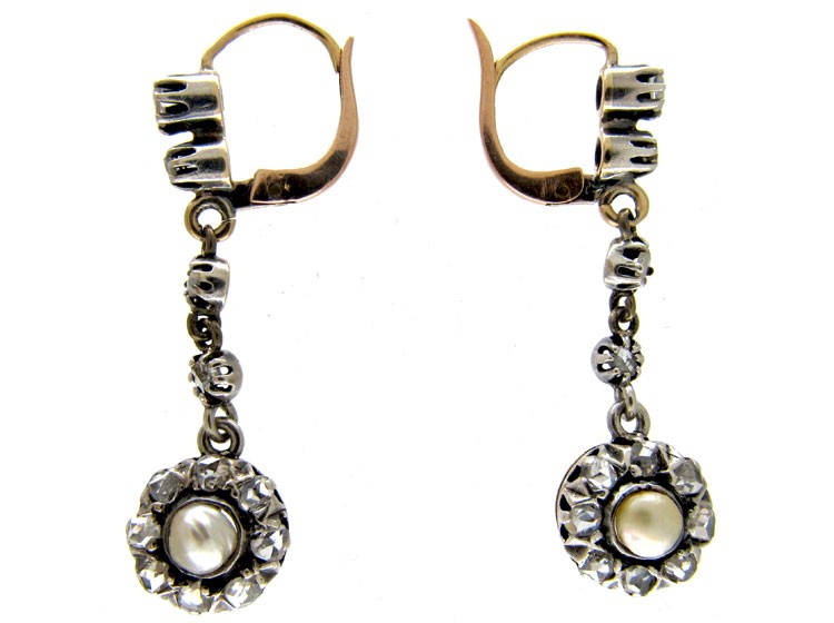 Long Rose Diamond & Natural Pearl Drop Earrings