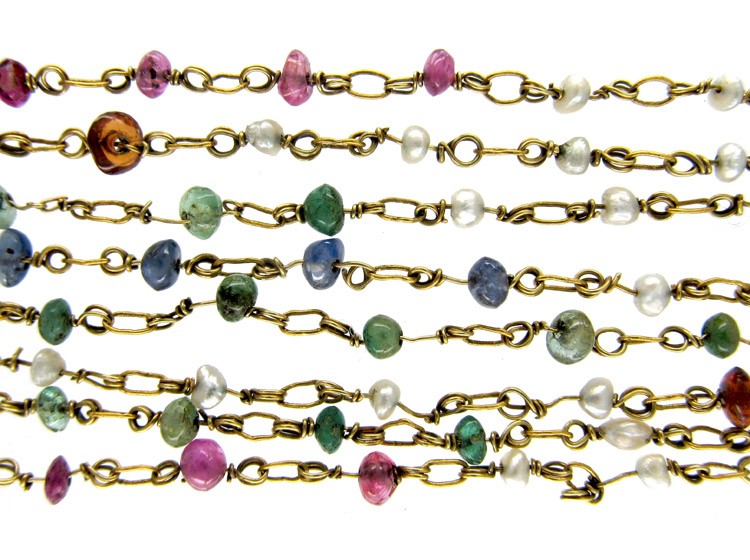 Gold Mixed Gemstones & Natural Pearls Chain