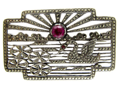 Art Deco Marcasite & Silver Swan Brooch